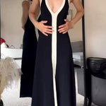 Color-Blocked Deep V-Neck Strappy Maxi Dress