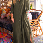 Green Crinkled Pocketed Side Slits Loose Maxi Dress