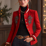 Ruffled Stand-up Collar Single-breasted Rose Embroidered Jacket