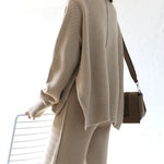 Lounge Set Casual Side Slit Knitted Sweater Pullover Top Wide Leg Pants Two Pieces Tracksuit