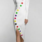 Long Sleeves Buttoned Contrast Color High Neck Midi Dresses