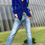 Blue Gold Velvet Lapel Blazer