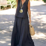 Nadorine Women's Casual Sleeveless V-neck Vest with Elastic Waist Long Flowy Skirt Set