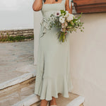 Tie-straps Ruffled Square Collar Sleeveless Slit Mid-length Dress