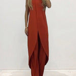 Nadorine Casual Two-Piece Set: Sleeveless Loose Fit Round Neck Irregular Hem Long Top with Wide-Leg Pants