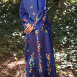 Butterfly Print Navy Blue Long Sleeve Loose Long Dress