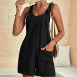 Knot Front Pocket Patched Overall Shorts Romper Without Tube Top Jumpsuits