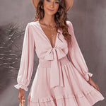 V-neck Bow Nodes Waist Ruffled Edge Dresses