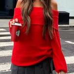 Sexy Slim Fit Solid Color Pullover Sweater with Off-shoulder Neckline