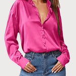 Nadorine Women Satin Button Down Shirt Long Sleeve Tops