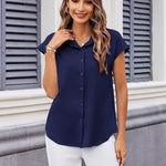 Nadorine Button Down Shirts Cap Sleeve V Neck Casual Blouses Tops