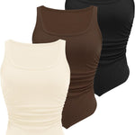 Nadorine Ribbed Tank Tops 3 Pack Scoop Neck Ruched Shirts