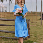 Nadorine Damen Elegant V-Ausschnitt Kleider A Linie Kurzarm Freizeitkleid (DE Only)