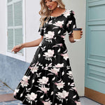 Nadorine Midi Floral Flutter Short Sleeve Casual Dresses with Pockets