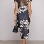 Unique Bella Contrast Color Unique Print Dolman Sleeve Ruched Slit Midi Dress