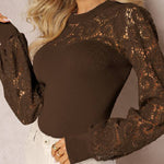 Lace stitching high-end temperament intellectual style hollow long sleeves