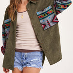 Nadorine Corduroy Patch Print Pocket Coat Long Sleeve Jacket Top