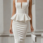 Lustrous Ivory Sleeveless Midi Dress With Peplum Detail