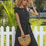 Polka Dot Midi Modest Summer Dress for Women High Waist Short Sleeve with Belt