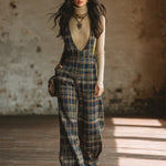 Classic Retro Blue Plaid Side-button Wide-leg Overalls