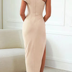 Saona One Shoulder Tiered Ruffle Sleeve Twist Asymmetrical Slit Gown Maxi Dress