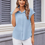 Nadorine Button Down Shirts Cap Sleeve V Neck Casual Blouses Tops