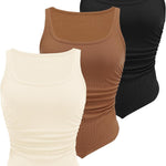 Nadorine Ribbed Tank Tops 3 Pack Scoop Neck Ruched Shirts