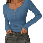 Slim Button Ribbed Knit Basic Tee Henley T Shirt (US Only)