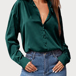 Nadorine Women Satin Button Down Shirt Long Sleeve Tops