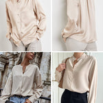 Women's Silk Button Down Shirts V Neck Long Sleeve Casual Work Office Blouse Top - Nadorine (Us Only)