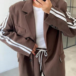 Levvie Striped Trim Long Sleeve Lapel Blazer and Rope Belt Pocketed Wide Leg Pants Set