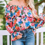 Nadorine Off The Shoulder Blouses Floral Print Long Sleeve Ruffle Tube Shirt Tops