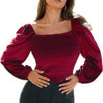 Womens Blouses Long Sleeve Crop Tops Square Neck Sexy Casual Slim Fitted Velvet Tops S-3XL - Nadorine (Us Only)