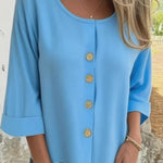 Solid Color Casual Round Neck Button Loose Top