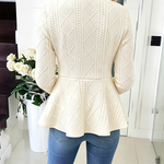 Women's Argyle Cable Knit Jacket Elegant Lapel Collar Gold Button Down Cardigan Ruffle Hem Long Sleeve Coat