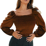 Womens Blouses Long Sleeve Crop Tops Square Neck Sexy Casual Slim Fitted Velvet Tops S-3XL - Nadorine (Us Only)