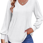 Nadorine Women'S Puff Long Sleeve Shirts Pleated V Neck Tunic Tops