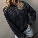 Women's Rhinestone Drawstring Hooded Sweatshirt Casual Sparkly Loose Fit Pullover