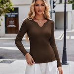 Nadorine Long Sleeve T Shirts Casual V Neck Ribbed Tunic Tops
