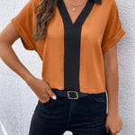 Loose Short Sleeves Contrast Color V-Neck T-Shirts Tops