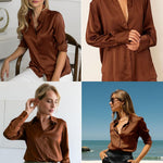 Nadorine Women's Satin Blouse Elegant V-Neck Silk Blouse (DE Only)
