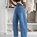 Women's Barrel Jeans High Waisted Side Button Denim Pants Distressed Washed Baggy Trousers Retro Y2K Streetwear