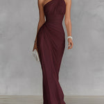 Women's Burgundy Stretch Jersey Dress With One-Shoulder Neckline & Ruched Waist, Timeless Luxe-Romantic Style Dress