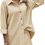 Women Two Piece Outfits Lounge Sets Cotton Long Sleeve Shirts and High Waisted Mini Shorts With Pockets - Nadorine (Us Only)