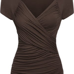 Nadorine Cross-Front V Neck Ruched Short Sleeve Blouses