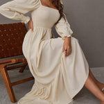 Solid Color Long Sleeve Dress Square Neck Lotus Leaf Maxi Dress