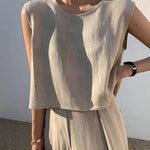 Loose Short Sleeves Hollow Solid Color Split-Joint Round-Neck Vest Top