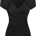 Nadorine Cross-Front V Neck Ruched Short Sleeve Blouses