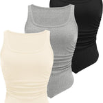 Nadorine Ribbed Tank Tops 3 Pack Scoop Neck Ruched Shirts