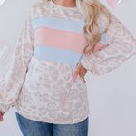 Nadorine Contrast Color Top Leopard Print Round Neck Long Sleeve Sweatshirt